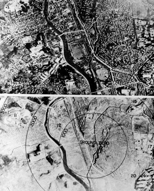 The city of Nagasaki is shown as a teeming urban area, above, then as a flattened, desolate moonscape following the detonation of an atomic bomb, below.  Circles delineate the thousands of feet from ground zero.  (AP Photo)